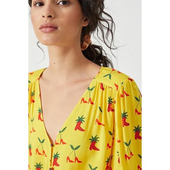 Anthropologie Button Down Front Tie Blouse Yellow Women’s 2 Festival Boho Fruit - Picture 4 of 16